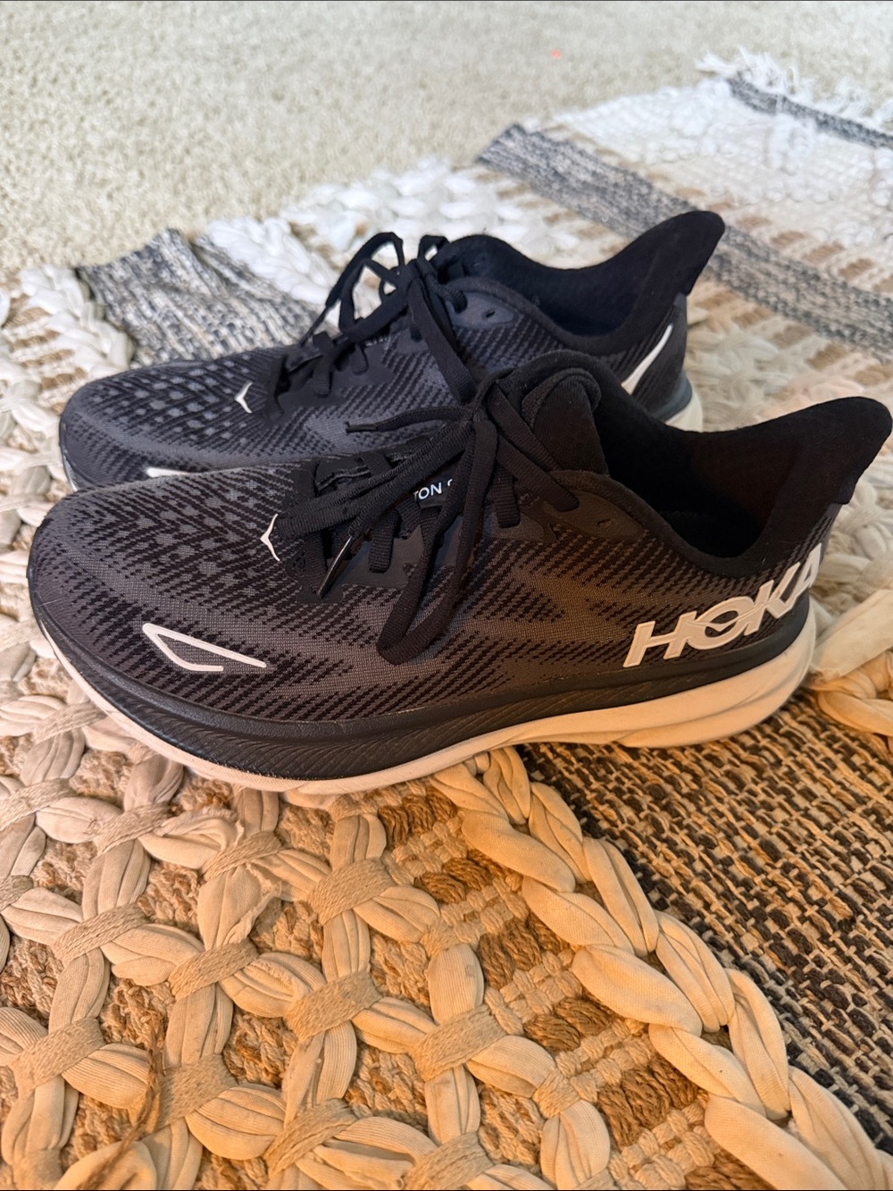 Hoka Clifton 9 Black and White Performance Running Sneakers